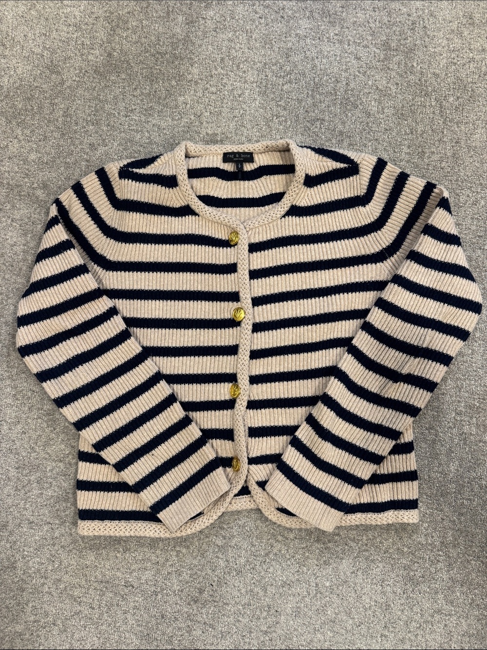 rag & bone Navy and Beige Striped Crewneck Cardigan
